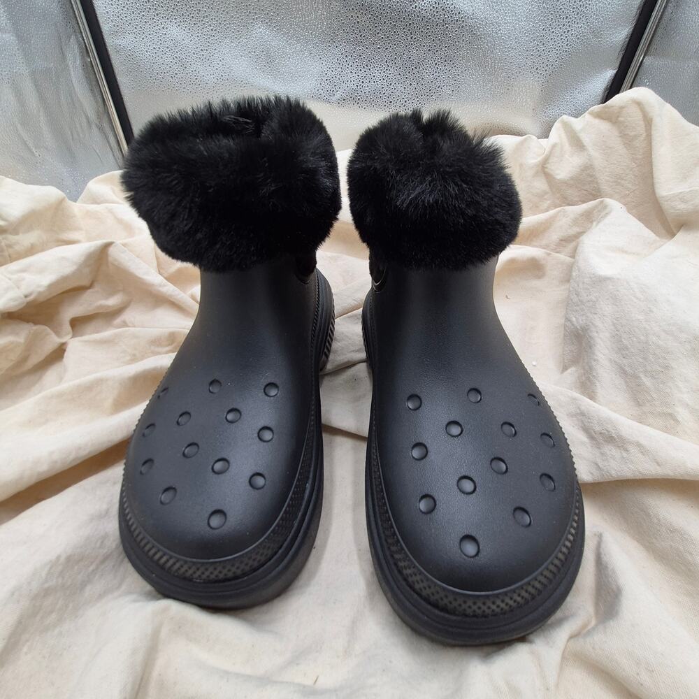 CROCS Black Platform Faux-Fur Lined Winter Rain Clogs - Picture 3 of 5